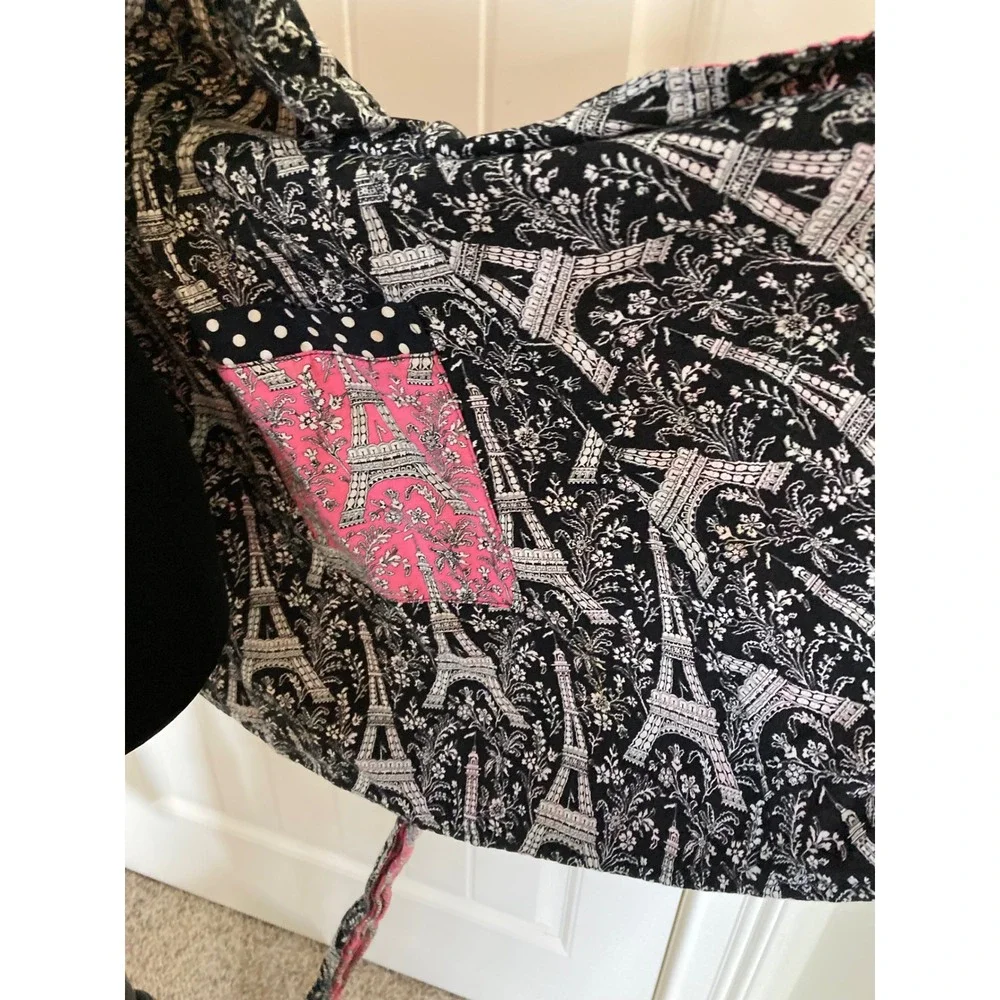 Pink Black Reversible Eiffel Tower Paris Floral Apron Polka Dot Trim Pockets‎